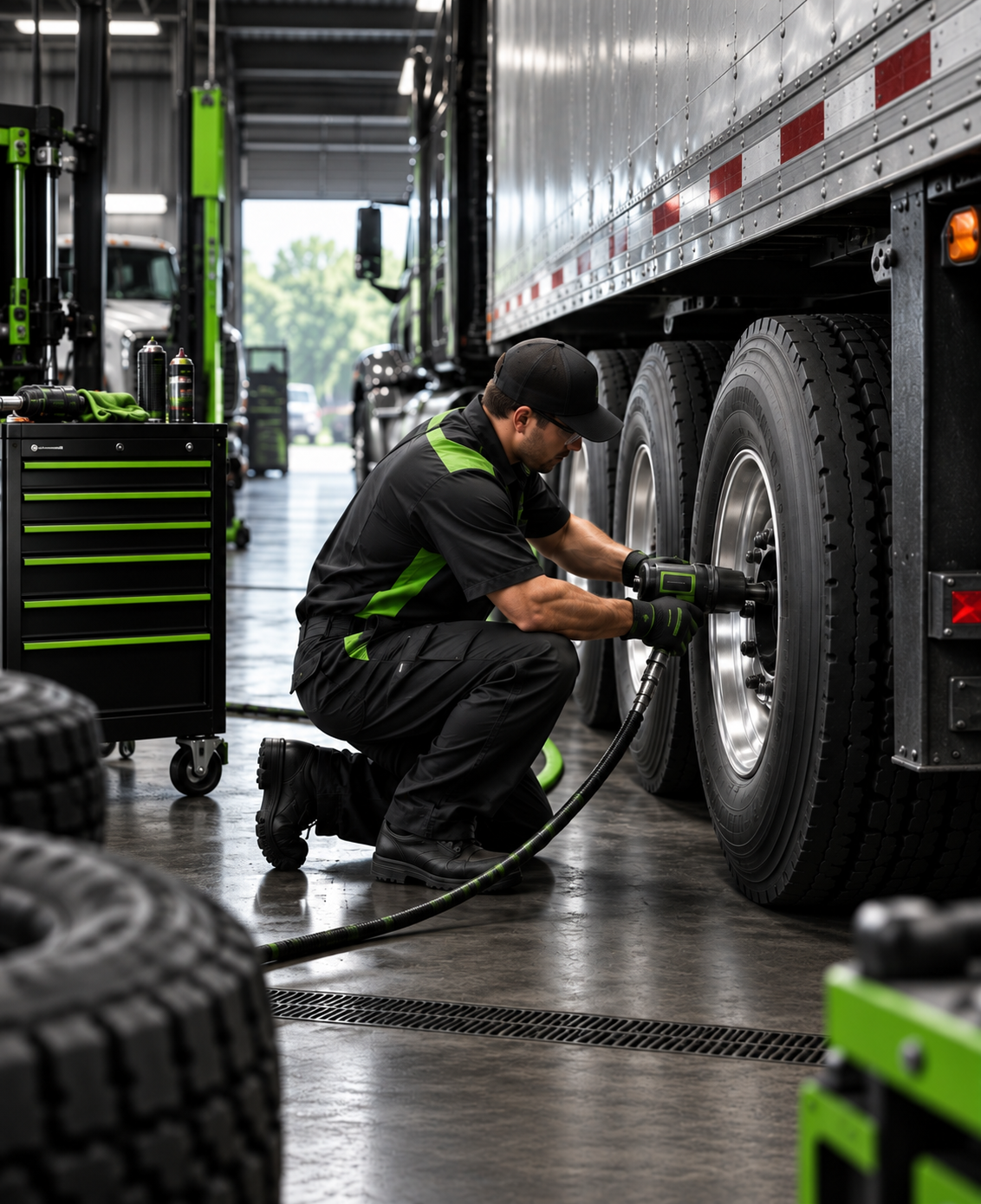 Technician servicing a heavy-duty truck tire