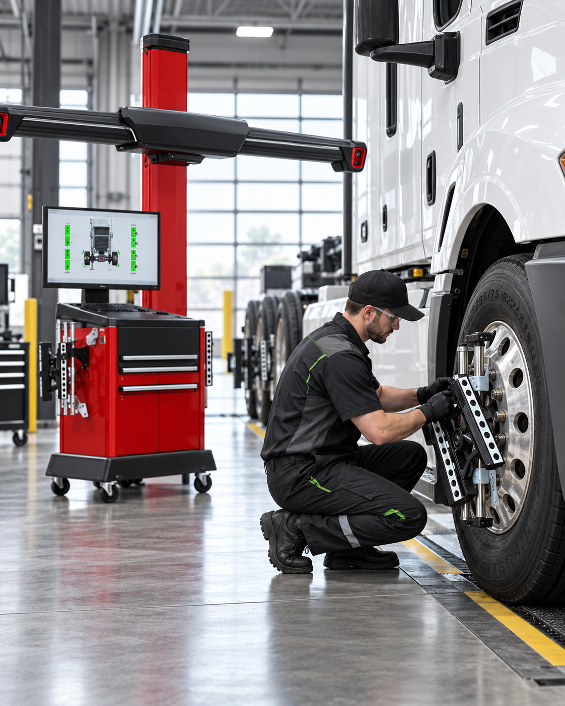 Hunter HawkEye XL alignment equipment being used on a heavy-duty truck
