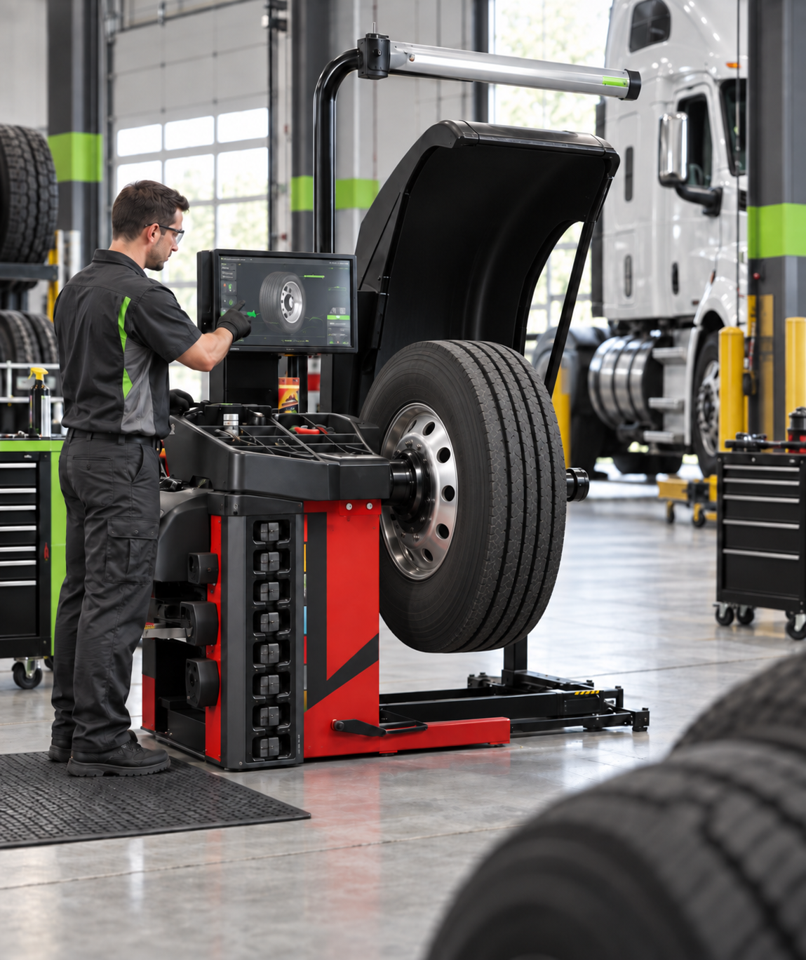 Hunter HD Elite wheel balancer with a heavy-duty truck wheel-and-tire assembly