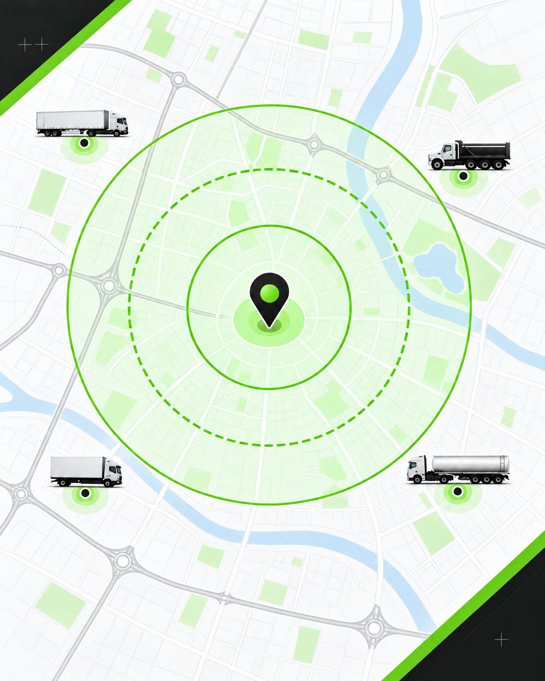 Diagram showing the 10 km travel/service-call fee-waiver radius around the M6 Tires workshop
