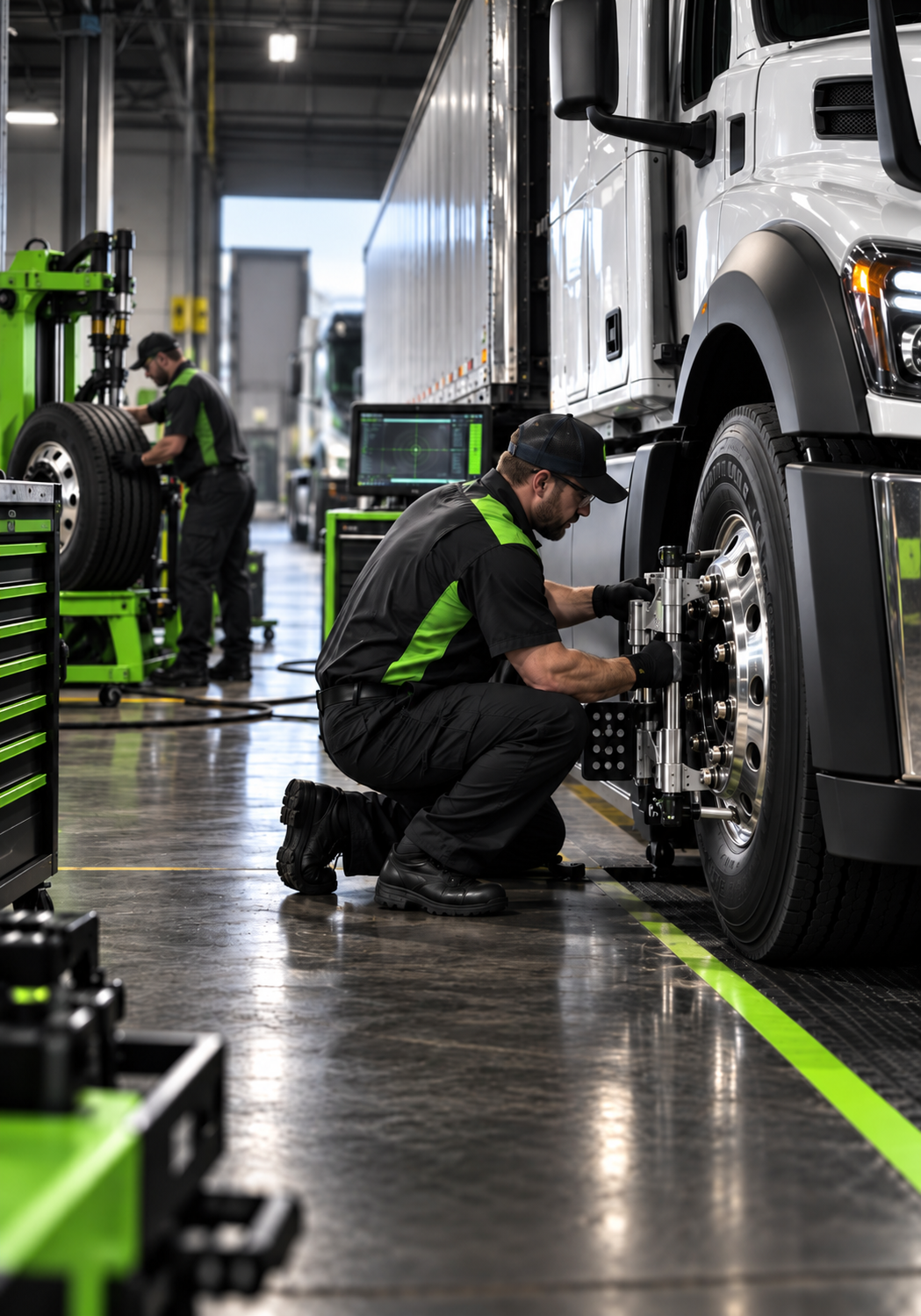 Technician using tire-service equipment on a heavy-duty truck